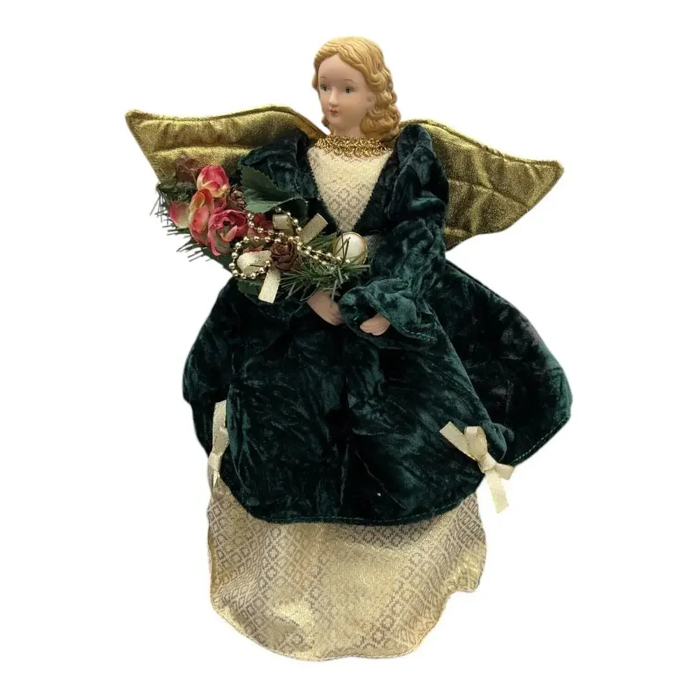 Vtg‎ Angel Tree Topper Green Velvet Gold Wings Porcelain Head Christmas 12